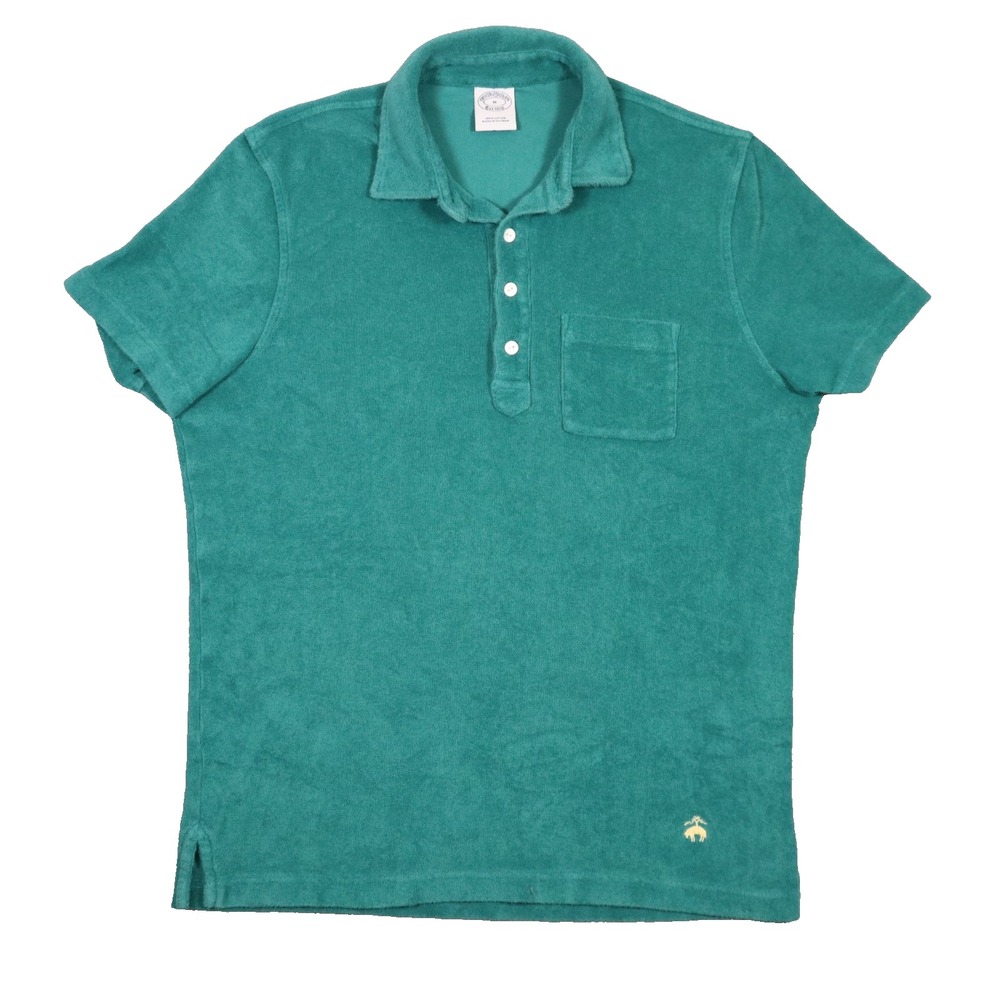 Brooks Brothers Terry Cloth Polo Shirt Mens M Teal Green Solid Cotton Beach Prep